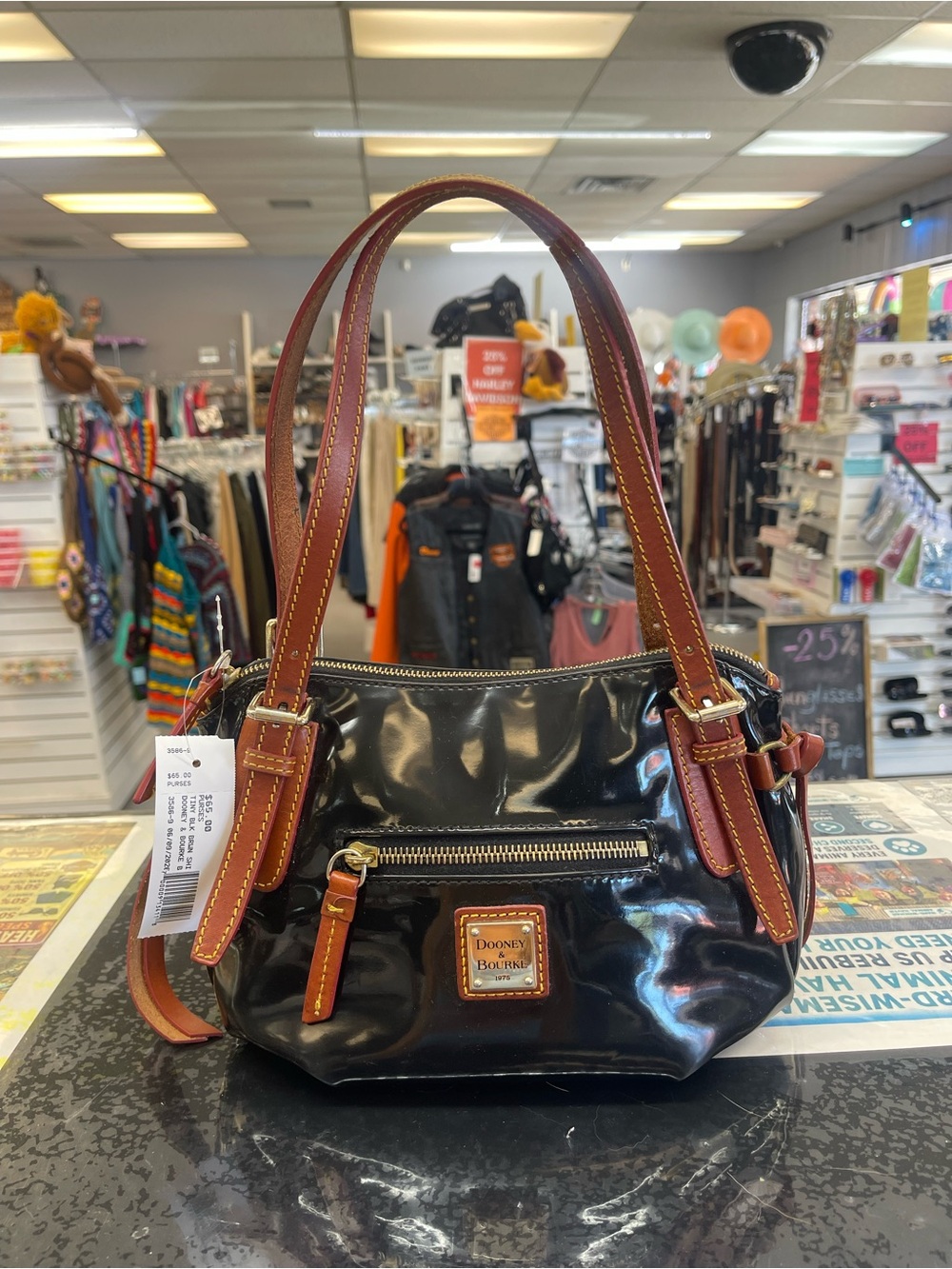 Dooney & Bourke Black Patent Shoulder Bag with Brown Trim